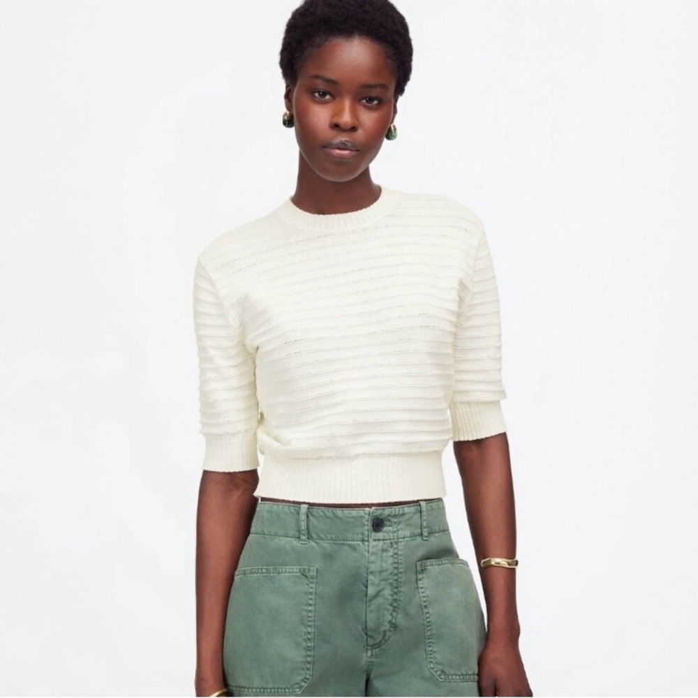 Madewell Cream Textured Crew Neck Top